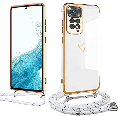 Coque de Collier pour Xiaomi Redmi Note 11 4G / Redmi Note 11S(4G), Etui avec Cordon en TPU Silicone Souple Flexible Antichoc Anti-Rayures Case Cover, Motif Coeur Housse de Protection,Blanc