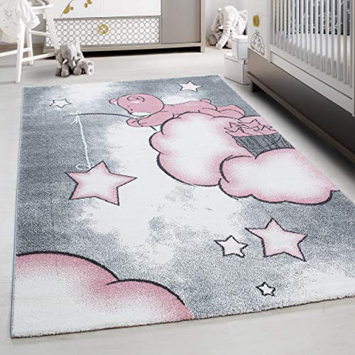 Teppium Kinderteppich für Jungen und Mädchen Bär Muster 140 x 200 cm Pink - Kurzflor Waschbarer Teppich Extra Weich und Antiallergen - Teppich für Kinderzimmer, Babyzimmer und Spielzimmer