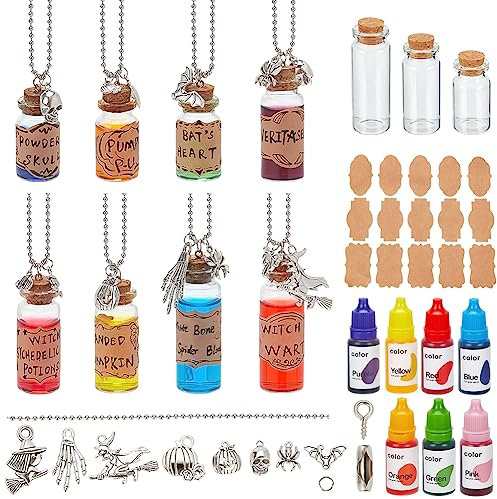 WEBEEDY 8 Sets Hexentrank Flaschen Halskette DIY Halloween Hexentrank Set Hexenschmuck Fläschchen-Halskette Schmuck Wunschflaschen Halskette Mit Halloween-Zubehör-Anhänger