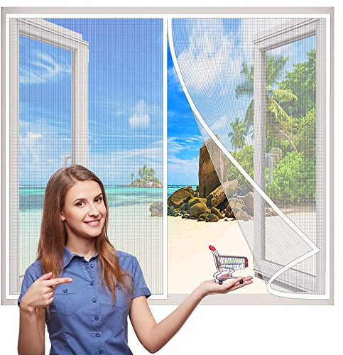 Heavy Duty Bug Mesh Curtain, 60x85 cm Single Window Mesh for Prevent Mosquito Bug with Hook&Loop Tape Garage Screen Cover Kit Garage Window Curtain- White H