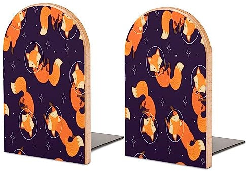 DEHOZO Lot de 2 serre-livres en bois, motif renard, galaxie, espace antidérapant, serre-livres décoratifs pour étagères, bureau, maison, bureau, bibliothèque, école