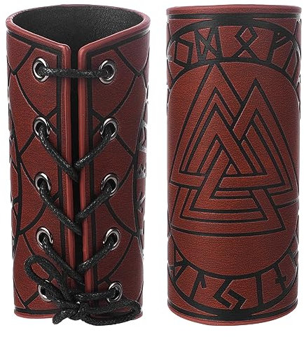 GORGECRAFT 2Stk Armpanzer-Manschette Lederhandschuh Armband Wikinger Runen Odins Symbol Valknut-Muster Geprägte Unisex-Armschützer Aus Leder Für Rollenspiele Gothic-Ritter-Kostüme Kokosnuss Braun