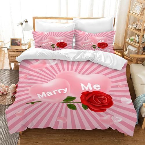 HZVRTN Bettwäsche 3D Rot Rose Bettbezug Set mit Reißverschluss und 2 Kissenbezug, Mikrofaser Kreative Rose Bettwäsche Set 3 Teilig für Erwachsene Kinder (Marry Me, 135x200cm)