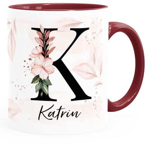 SpecialMeKaffee-Tasse Monogramm Initiale mit Namen personalisiert Blumen Blüten Dekor Floral Buchstabe floral weiss-innen-bordeauxrot standard