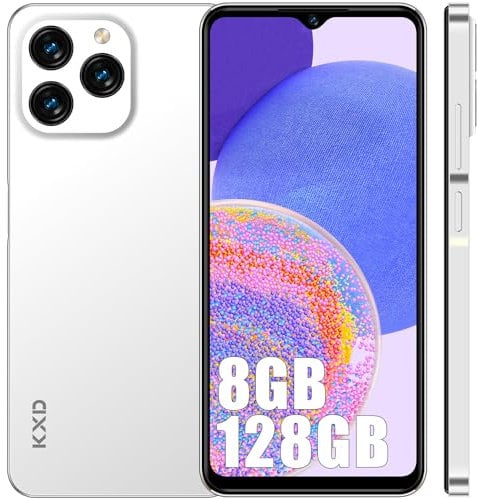 KXD A07 Handy Ohne Vertrag, 8GB+128GB/256GB Erweiterbar Simlockfrei Android 12 Smartphone Günstig 6,52'' HD+, Octa-Core 4500 mAh 13MP+8MP Kamera Fingerabdruck & Face ID 4G Dual SIM Weiß