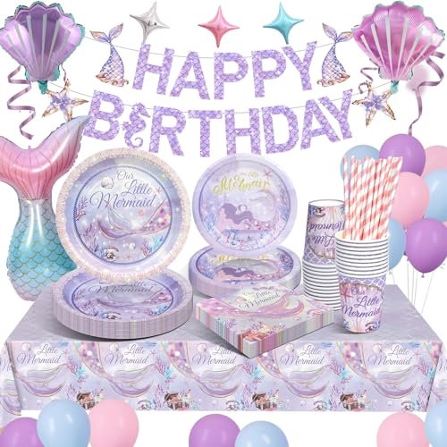 yosiio Sirena Vajilla para Fiestas, Juego de Vajilla Fiesta, Sirena Vajilla Cumpleaños Decoracion, Para Cumpleaños Sirena Decoracion Baby Shower 16 Invitados