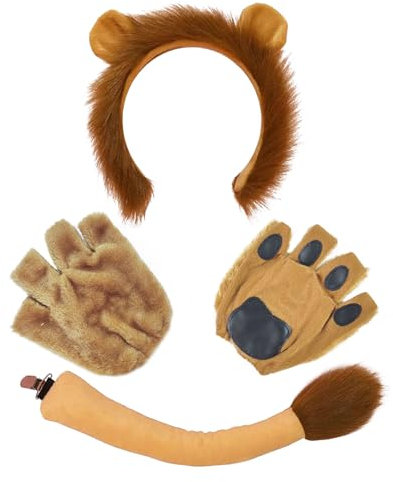 XNIVUIS 3 Stück Löwen Kostüm,Tierlöwenkostüm Set,Löwenohren Stirnband Pfote undSchwanz Set,Löwenkostüm für Kinder Und Erwachsene Fasching Karneval Motto Party Halloween Geburtstag (3 Stück)