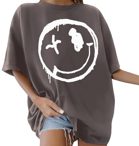 Yuson Girl Women Oversized T-Shirt Tops for Women Vintage Drop Shoulder Short Sleeve Top Ladies Blouse Tee Shirt Crew Neck Baggy Tee Casual Loose Summer Tops Dark Grey