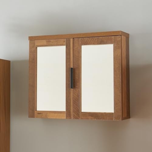 [en.casa] Spiegelschrank Namsskogan Badhängeschrank mit Spiegeltüren Hängeschrank Wandschrank Badezimmerspiegel 50x60x15cm Walnussoptik