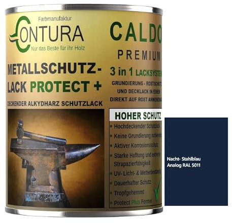 Contura 3in1 Rostschutzfarbe Metallschutzlack Seidenmatt RAL Metall Lack Farbe Grundierung (RAL 5011 Stahlblau, 1 Liter)