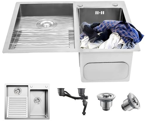 JETXYHUB Topmount-Waschbecken Aus Edelstahl, Balkon-Waschbecken Mit Doppelwaschbecken Und Waschbrett, Inklusive Abflussrohr, Ideal Für Balkon Und Waschküche(Left,60x48x21cm)