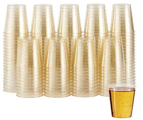 MATANA 60 Plastic Shot Glasses, Gold Glitter (30ml / 1oz) - Reusable - Shot Glasses Plastic, Shot Glass, Jelly Shots, Sample Tasting Cups - Shot Cups for Parties, Birthdays, Weddings, Hen Parties