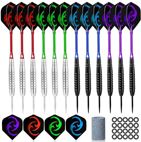 Hmeuest Darts, 12 Pack Prefessional Darts Set, 23 Grams Steel Tip Dart, 4 Color Premium Aluminum Shafts and PET Flights, 12pcs Rubber O-ring, for Beginner or Professional