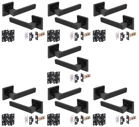 Hunta HANDLEZONE® 7 Sets Reno Internal Door Handle Pack, Complete with Lever Handles on Square Rose, 76mm Latch, 75mm Ball Bearing Hinges - Black Matt