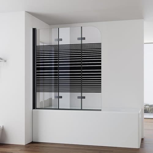 IMPTS Duschwand für Badewanne 120x140cm Schwarz, Faltwand Duschfaltwand 3 teilig mit Streifen Milchglas, Faltbar Badewannenaufsatz Duschtrennwand Badewannenwand Glas mit 6mm Nano Sicherheitsglas