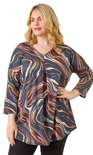 Roman Originals Leaf V Neck Stretch Jersey Top for Women UK Ladies Pleated Shirt Notch V Neck Blouse Summer Tunic Pull-On Soft Evening Holiday Work Party Everyday
