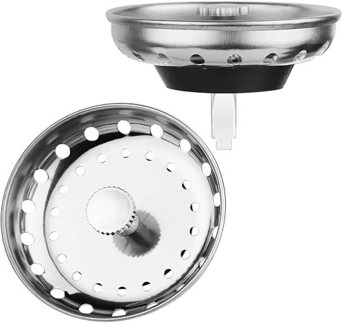 2PCS - Sink Drain Strainer and Kitchen Sink Stopper Combo Basket Replacement for US Standard 3-1/2 Inch Drain, Stainless Steel Basket and Rod, Sink Strainer with Rubber Stopper Bottom