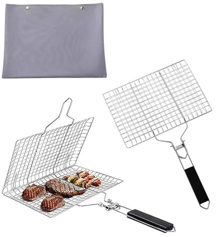Cesto per Barbecue Portatile Da 2 Pezzi, Cestino Pieghevole per Grigliare Il Pesce, Cestino in Rete per Barbecue in Acciaio Inossidabile Con Manico in Legno Rimovibile per Pesce Arrosto, Spiedini