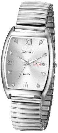 JewelryWe Herrenuhr Tonneau Elastische Uhr: Datum Woche Kalender Analog Quarz Armbanduhr Herren Silber Edelstahl Stretch Armband Rechteckige Uhren mit Zugarmband & Römischen Ziffern Diamantskala