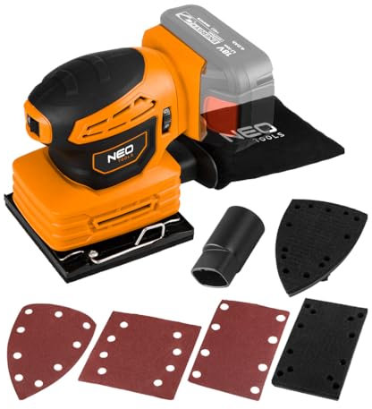 NEO TOOLS 3-in-1 Multischleifer, Akku Professional 18V System Ohne Akku Exzenterschleifer Staubbehälter, Quadratfuß, Rechteckfuß, Deltafuß, 3x Stück Schleifpapier mit 120er Körnung