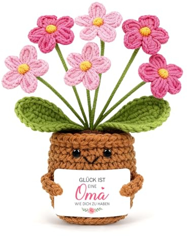 HUKUMA Pocket Hug Blume Oma, Geschenke für Großmutter, Gehäkelte Blumen Glücksbringer, Oma Geschenk für Geburtstag Muttertag Großelterntag Weihnachten Neujahr
