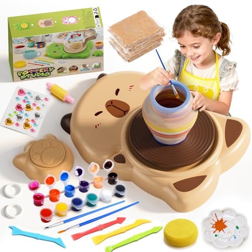 Skirfy Mini-Töpferscheiben-Maschinen-Set für Anfänger und Kinder, mit Licht, elektrisches Keramikrad mit Fußpedal und Malset, einstellbare Geschwindigkeit, Tonspinner, DIY-Werkzeuge für Kunst
