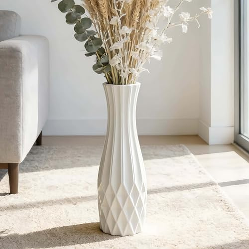 Duoqulou Tall White Ceramic Floor Vase 17.7 Inches / 45 cm,Large Decorative Flower Vase for Living Room, Bedroom, Office, Modern Home Decor
