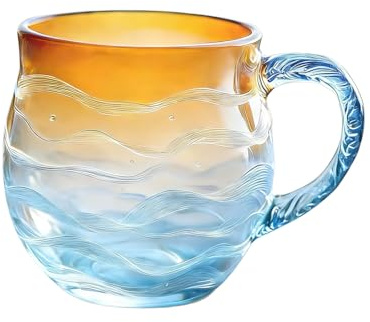 Sea Glass Sunset Mug, Handblown Glass Cup with Ocean Wave Texture, Amber to Blue Gradient, 300ml Coffee Mug, Unique Beach Theme Drinkware Gift