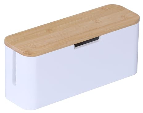 Relaxdays Kabelbox für Steckdosenleiste, Bambus, Deckel, Natur/weiß | 14,5x34x13,5 cm, Kabel verstecken, Steckdosenbox