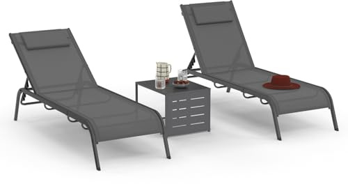 IDMarket - Satz von 2 verstellbaren Gartenliegen Bora mit modulierbarem Beistelltisch aus anthrazitgrauem Stahl und grauem Tuch