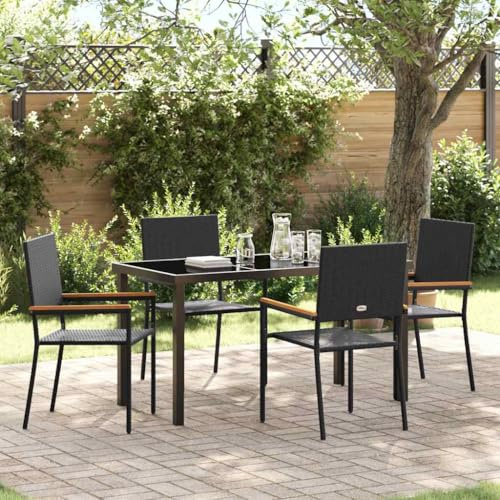 SooIarix Juego de comedor de jardín de 5 piezas, polirratán negro con cojín, mesa de jardín de cristal de seguridad 140 x 70 cm, 4 sillas de 54 x 56 x 90 cm, marco de acero recubierto de polvo
