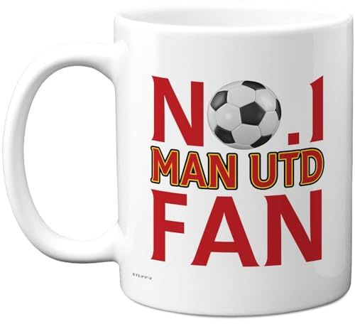 Stuff4 Novelty Mug for Man United, No. 1 Man Utd Fan | Bold Red Slogan & Football Graphic, Sporty Novelty for Manchester Supporters, 11oz Ceramic Gloss Mug