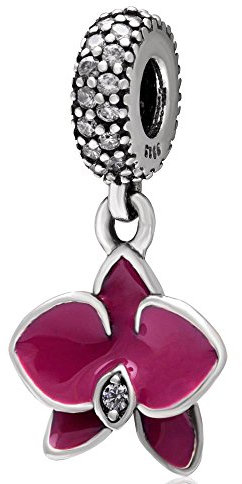 Orchideen-Charm, 925er-Sterlingsilber, Blumen-Charm, Jahrestag, Weihnachten, Herz, Liebe, Charm für Pandora-Armband (Fuchsia)