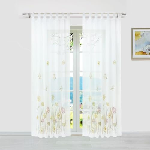 ESLIR Gardinen mit Schlaufen Vorhänge Gardinenschals Transparent Schlaufenschal Blumen Muster Voile Braun BxH 150x225cm 1 Stück