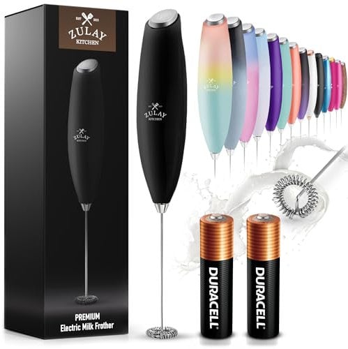 Zulay Kitchen Espumador de Leche con Varilla - Duradero, Motor patentado Z Max - Batidor de mano, Mini Batidora, Espumador de Café para Matcha - Negro