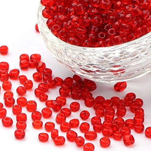 Lot de 1100 perles de rocaille en verre de 4 mm, 6/0, perles poney transparentes, pour enfants, couleurs au choix (rouge transparent)