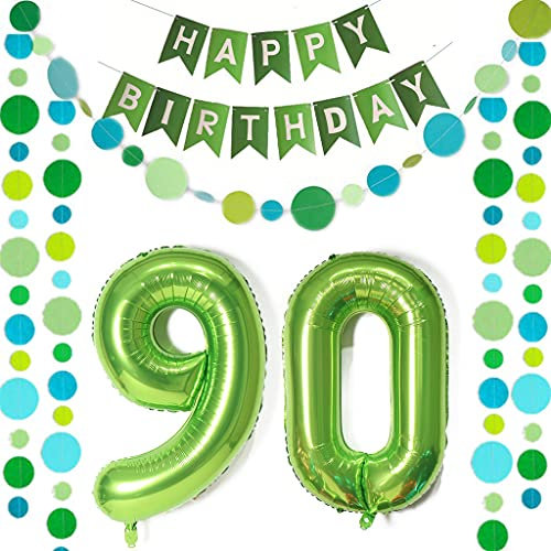 Luftballons Zahl 90 Grün + Happy Birthday Girlande + banner Folienballon 90.Geburtstags deko frau mann ballons 90 Jahre Geburtstag deko frauen Zahlenballon 90 Geburtstag dekoration Männer frau(90)