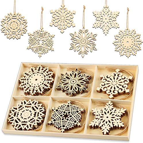 24 Copo de Nieve Calado, Adornos Navidad Madera, Colgantes de Madera para Navidad,Adornos Navideños de Madera,Ornamentos de Navidad,Adornos Colgante de Madera para Árbol para Navidad Bricolaje Fiesta