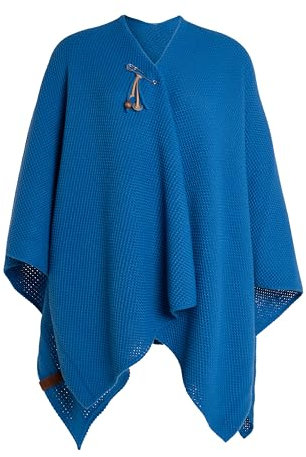 KNIT FACTORY - Jazz Poncho - Elegant Gestrickter Damen Cape - Wickelschal mit Wolle - Hochwertige Qualität - Cobalt