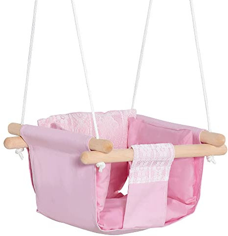 Outsunny Columpio para Bebé Altura Ajustable con Cinturón de Seguridad Interior y Exterior Carga Máx. 80 kg Madera 40x40x180 cm Rosa