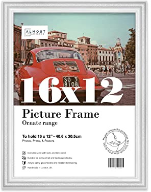 Almost Frameless 16x12 White Ornate Picture Frame 16x12(40.6x30.5cm) Poster, Photo, Artwork, or Print. Elegant Style Portrait and Landscape Display with Wall Hooks