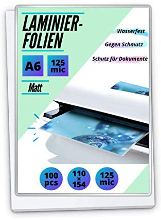 100 PREMIUM Laminierfolien in matt/entspiegelt - beidseitig matte Heiß-Laminierfolien OHNE WASSERZEICHEN - Für Dokumente, Fotos, Karten - Wasserfest, unzerreißbar (125 Micron, A6)