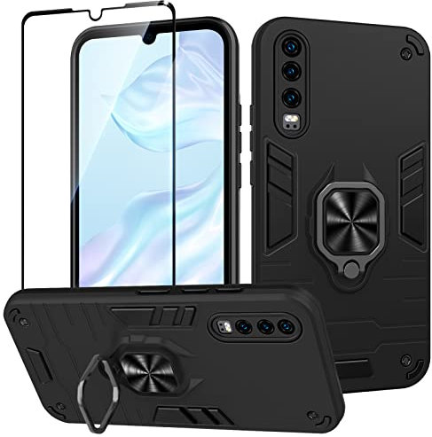 Btstring Hülle kompatibel mit Huawei P30 mit Schutzfolie, Militär Standard Stoßfest Handyhülle Case Hybrid Metall Ring Halter Schutzhülle Handy Hüllen Cover -Schwarz