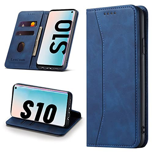 Leaisan Handyhülle für Samsung Galaxy S10 Hülle Premium Leder Flip Klappbare Stoßfeste Magnetische [Standfunktion] [Kartenfächern] Schutzhülle für Samsung Galaxy S10 Tasche - Blau