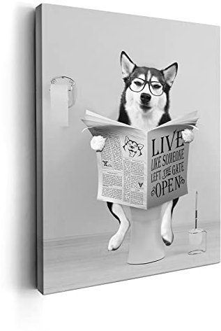 Kasluolo Schwarz-weißer Husky-Hund, Badezimmer-Dekor, Wandkunst, lustiger Husky sitzend in der Toilette, Zeitungslesung, Bilder, Druck, Gemälde, Wanddekoration für Badezimmer, Toilette, gerahmtes