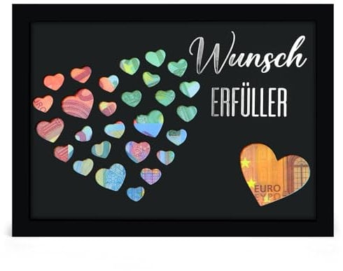 Geldgeschenk Bilderrahmen für Männer und Frauen, silberner Text „Wunscherfüller“, originelle Geld Geschenke Verpackung für Geburtstag, Hochzeit, Jugendweihe, Reise, Konfirmation - DIN A5 (Schwarz)