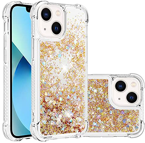 IMIRST Silicone Phone Case for Apple iPhone 15 Corner Airbag Fall Protection Bling Glitter Quicksand Liquid Sparkle TPU Case Cover for Apple iPhone 15. YBW Love Gold