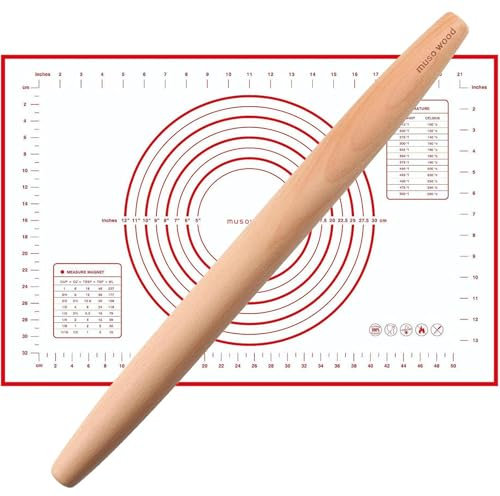 Muso Wood Nudelholz - Französisches Teigroller zum Backen - Nudelholz holz Rolling Pin mit Silikon Backmatte (40 cm - Buchenholz)