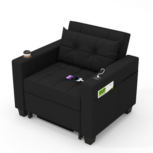 DURASPACE Sleeper Chair 3-in-1 Convertible Chair Bed Pull Out Sleeper Chair Beds Adjustable Single Armchair Sofa Bed with USB Ports, Side Pocket, Cup Holder for Small Space (Black)