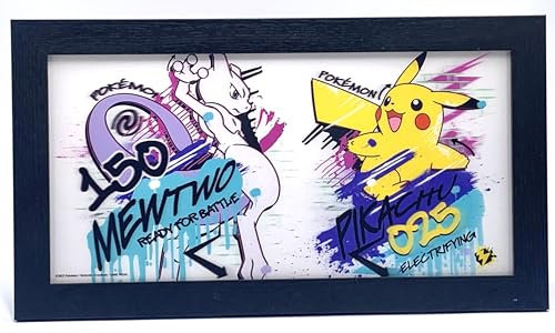Silver Buffalo Pokemon Gerahmtes Linsenraster-Wandbild, 25,4 x 45,7 cm, Mewtwo #150 und Pikachu #025 Skate Graffiti